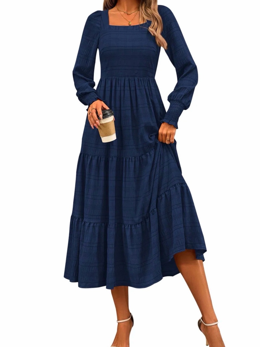 Long Sleeve Square Neck Navy Midi Dress